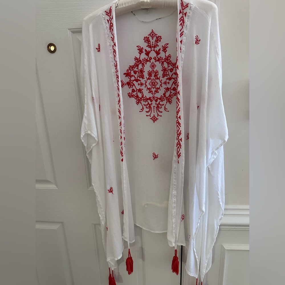 Miss Me Boho White Sheer Open Swim Coverup Kimono Orange Embroidery Tassels